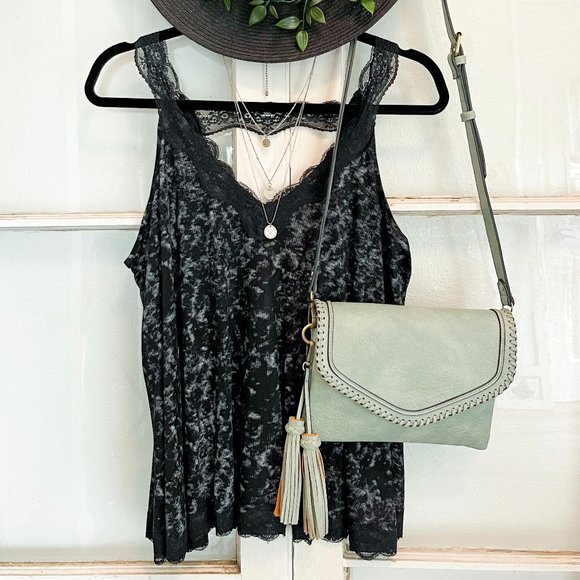 BLACK Flowy Vintage Wash Lace Tank Tops - Picture 2 of 6